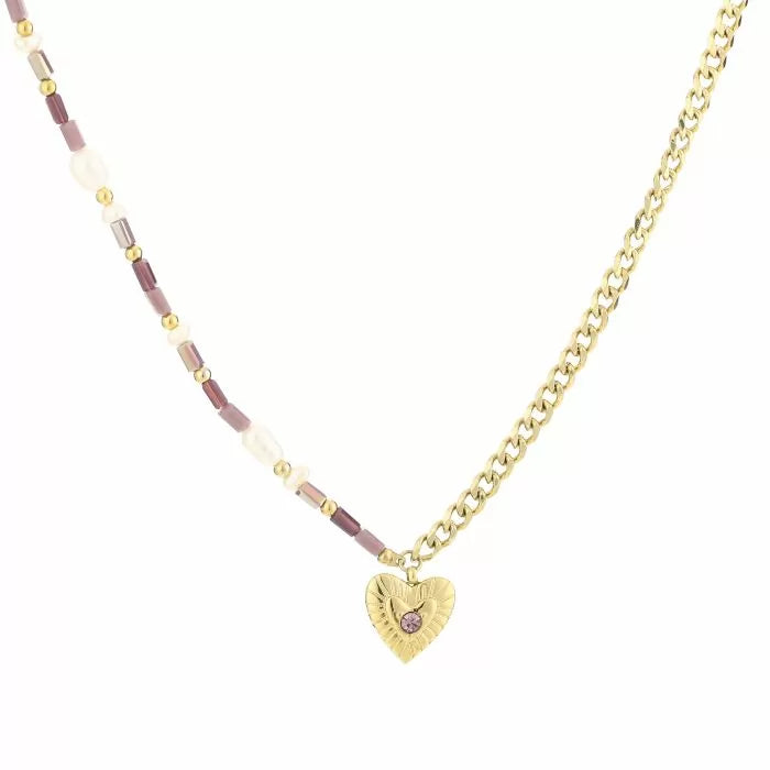 Goudkleurige ketting met hart en voor de helft kralen en voor de helft chain, paars | Studio XOVA V.04