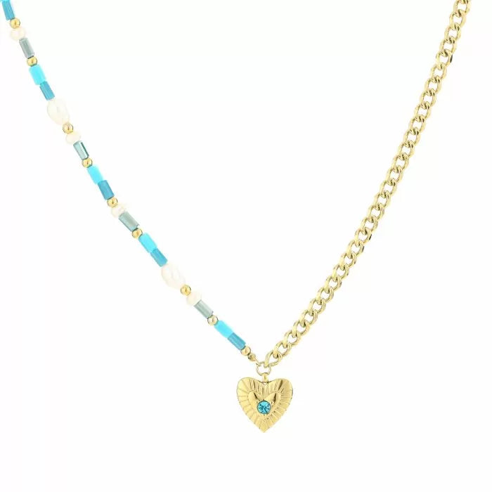 Goudkleurige ketting met hart en voor de helft kralen en voor de helft chain, aqua, lichtblauw | Studio XOVA V.23