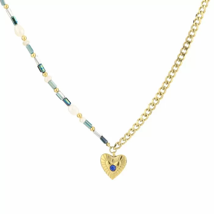Goudkleurige ketting met hart en voor de helft kralen en voor de helft chain, blauw, donkerblauw | Studio XOVA V.17